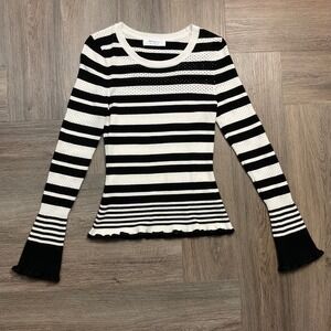 BAILEY 44 Striped Mesh Knit Bell Sleeve Top Womens Small Black White Boho Preppy